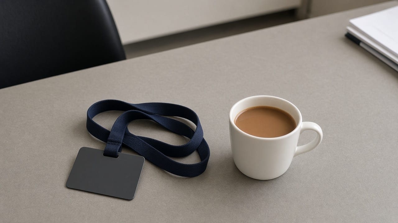 A lanyard lying face down beside a coffee, with the badge turned over.