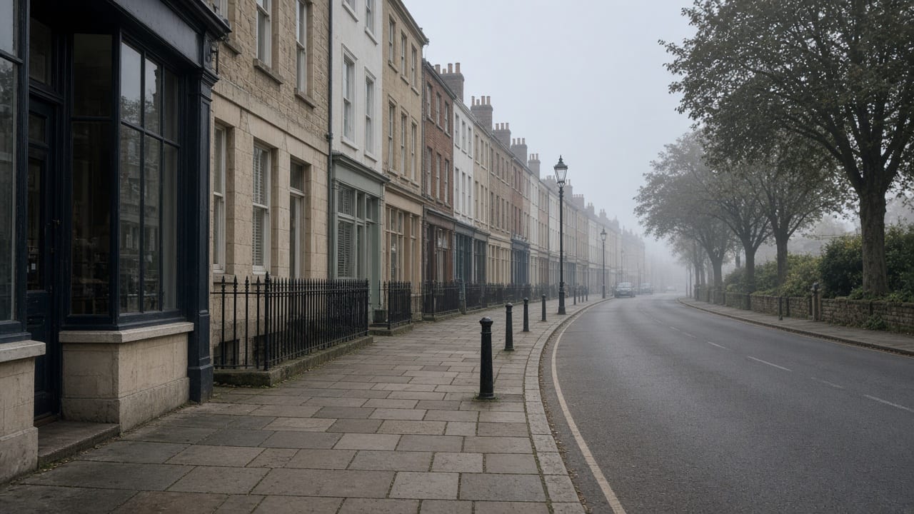 A quiet high street in the early morning, with the shops still shut.