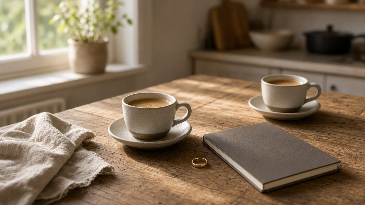 Two coffee cups on a kitchen table in the morning, with a ring beside a notebook.