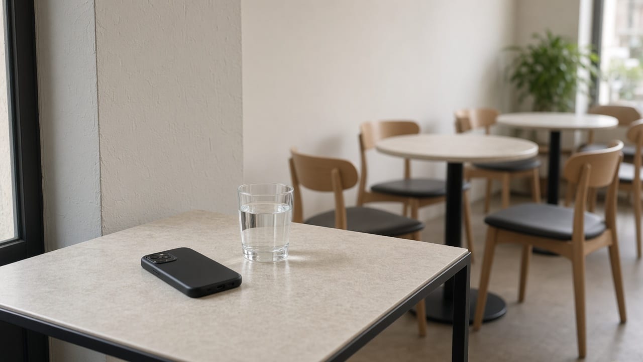 A phone face down on a café table, in a public room.