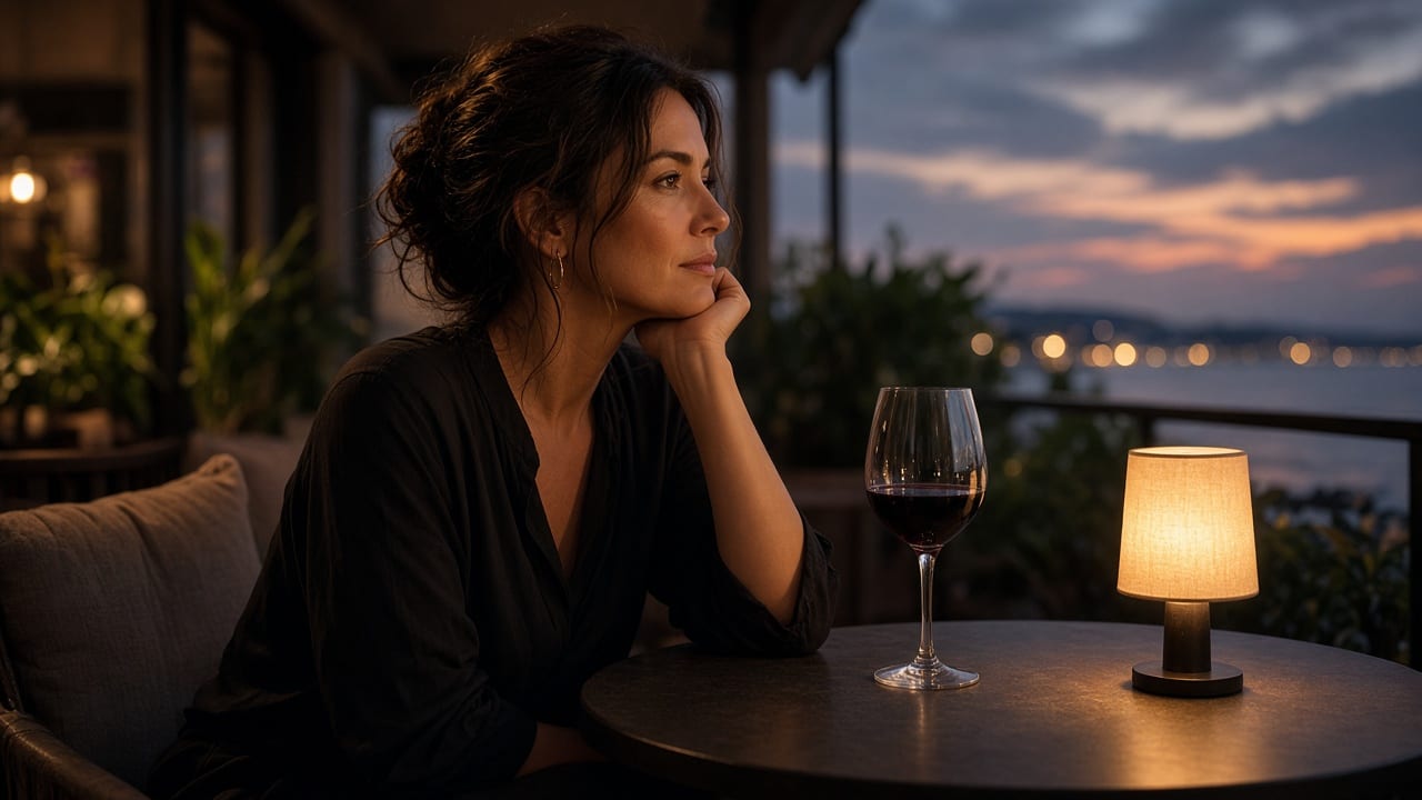 A woman at a quiet table at dusk, with one glass.