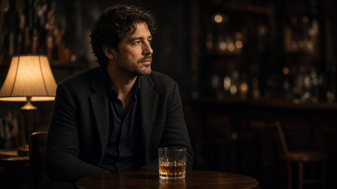 A man at a small table in warm lamp light, with one drink.