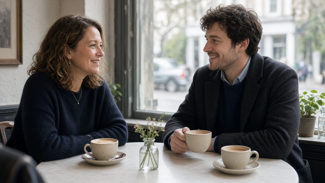 A woman and a younger man sharing a coffee at a bright café table.