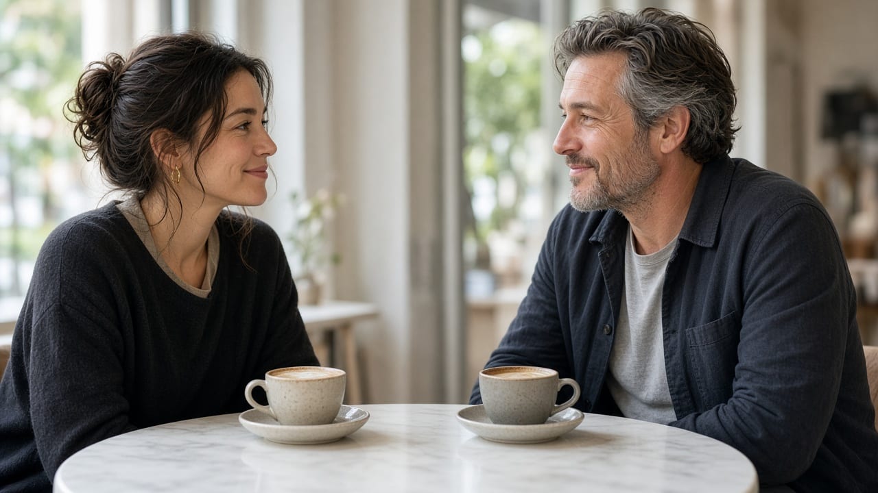 A woman and an older man sharing a coffee at a café table.