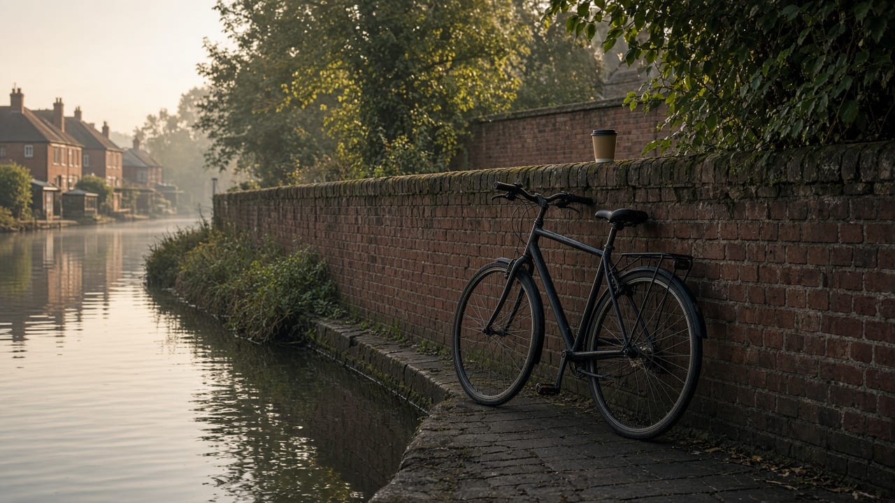 A bicycle by a canal in the morning, with a coffee on the wall.