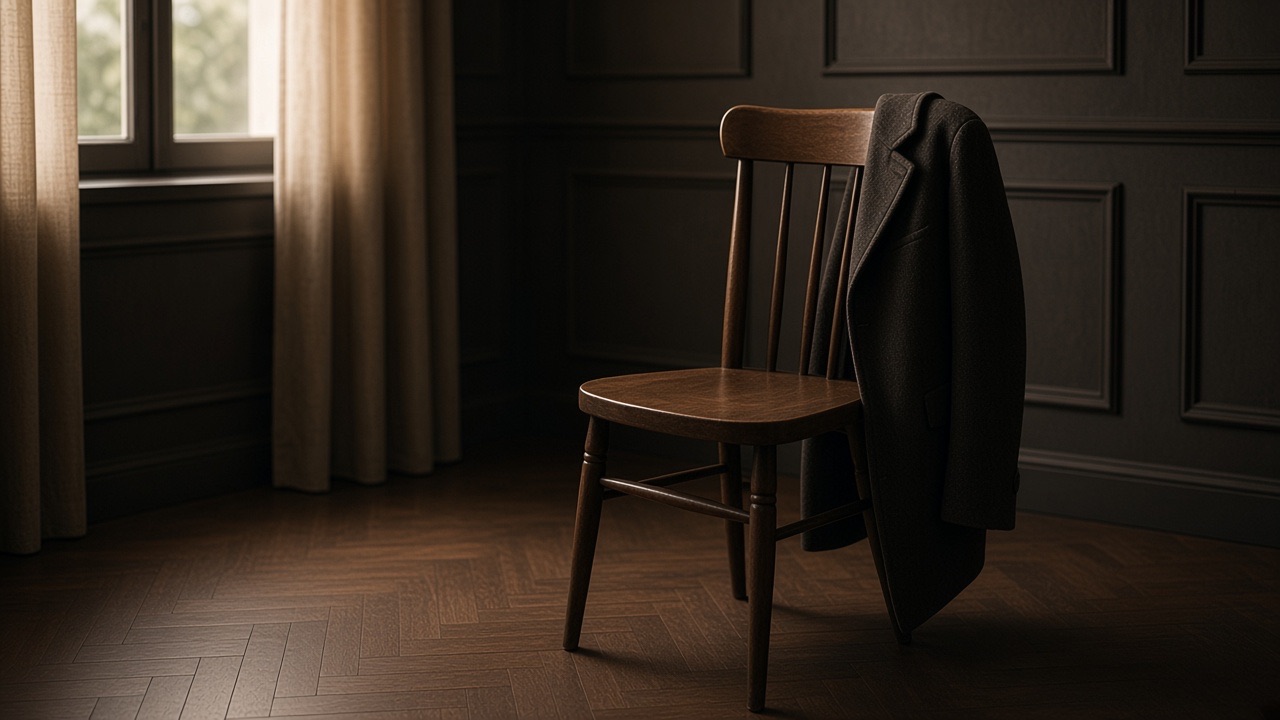 A single empty chair by a window, with a coat left on the back.