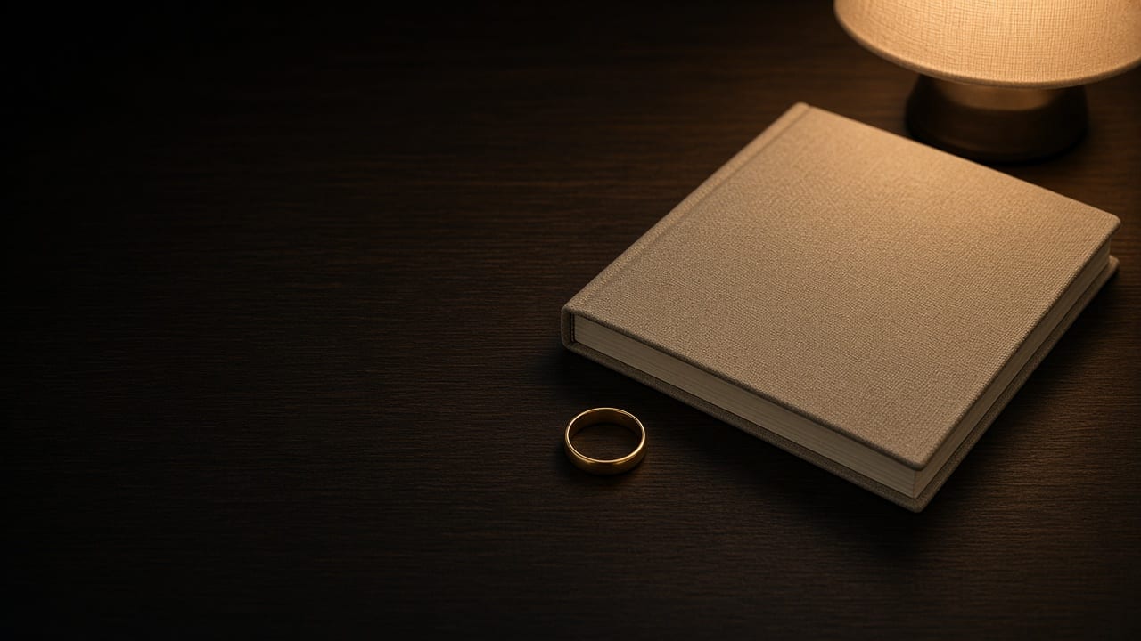 A wedding ring beside a closed notebook on a dark table.