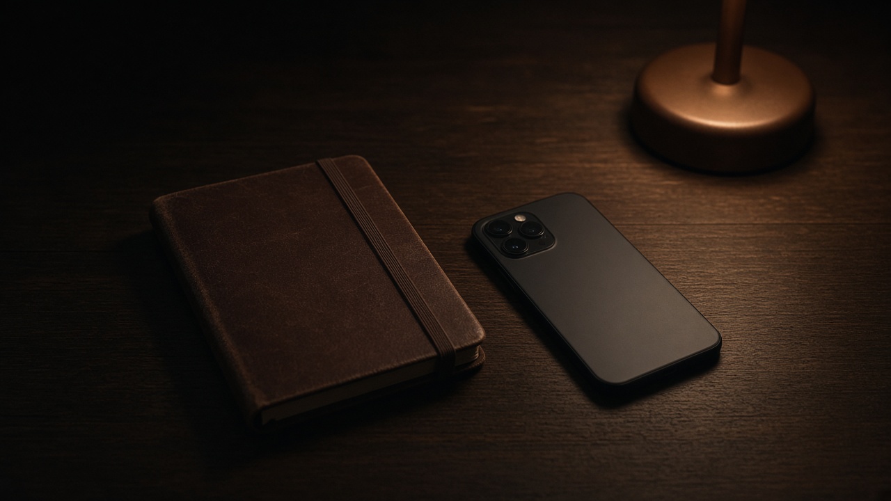 A closed notebook and a phone face down on a dark table, with a single lamp.