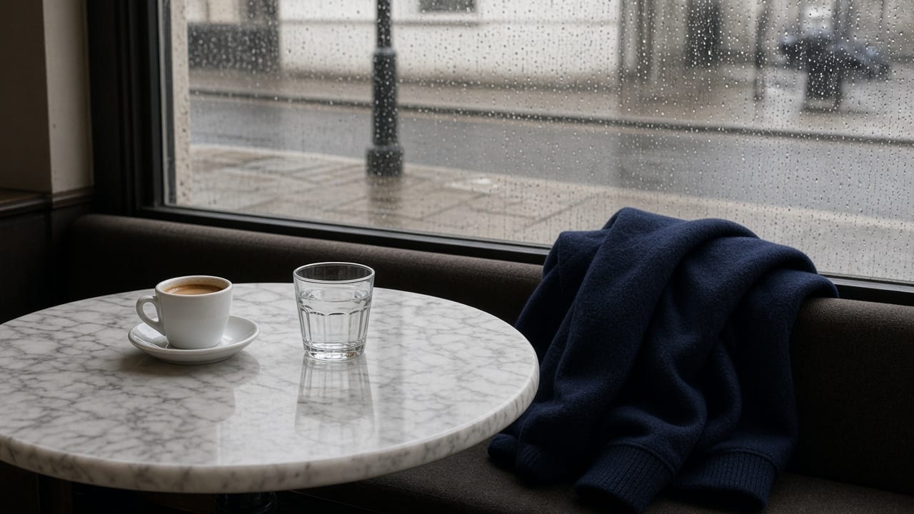 A café table by a rainy window, with one coffee and a coat on the seat.