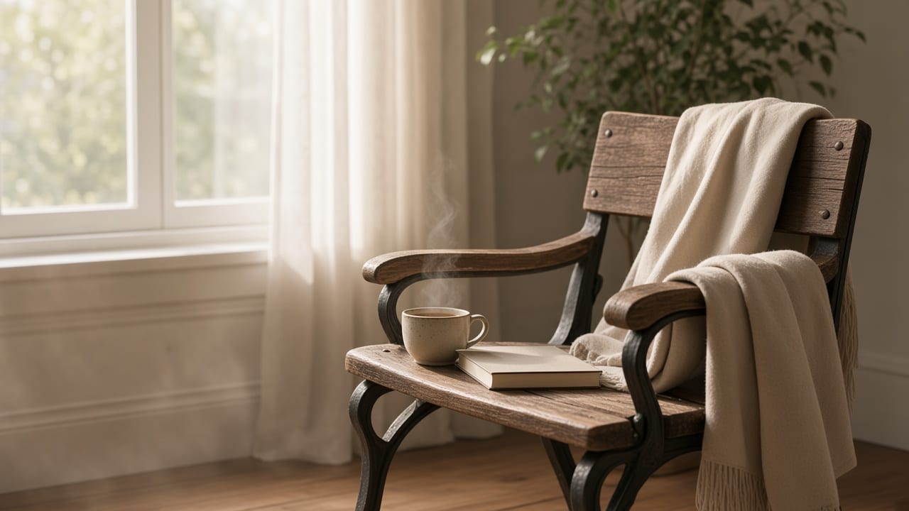 An armchair by a bright window, with a book, a cup of tea, and a coat.