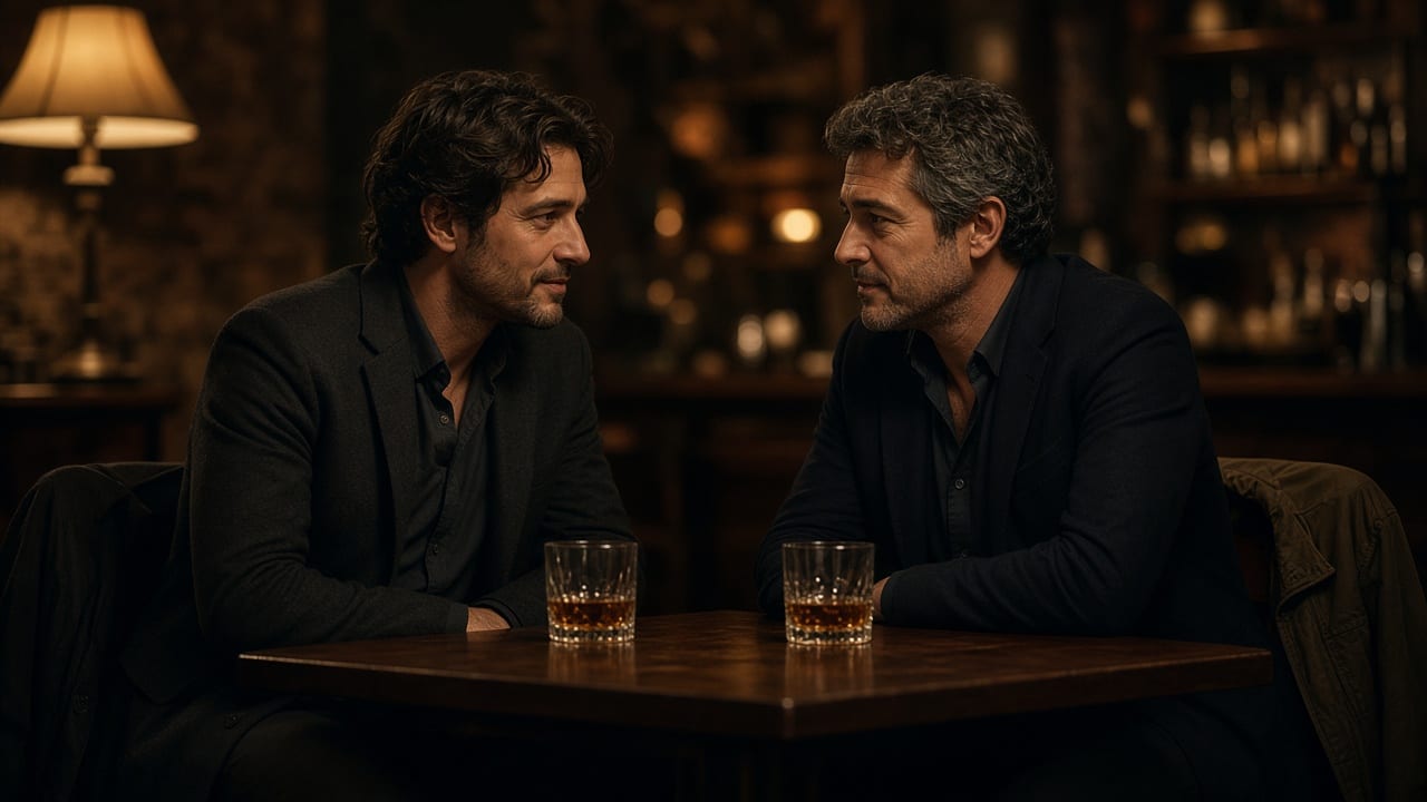 Two men at a quiet table in a dim bar, with two glasses.