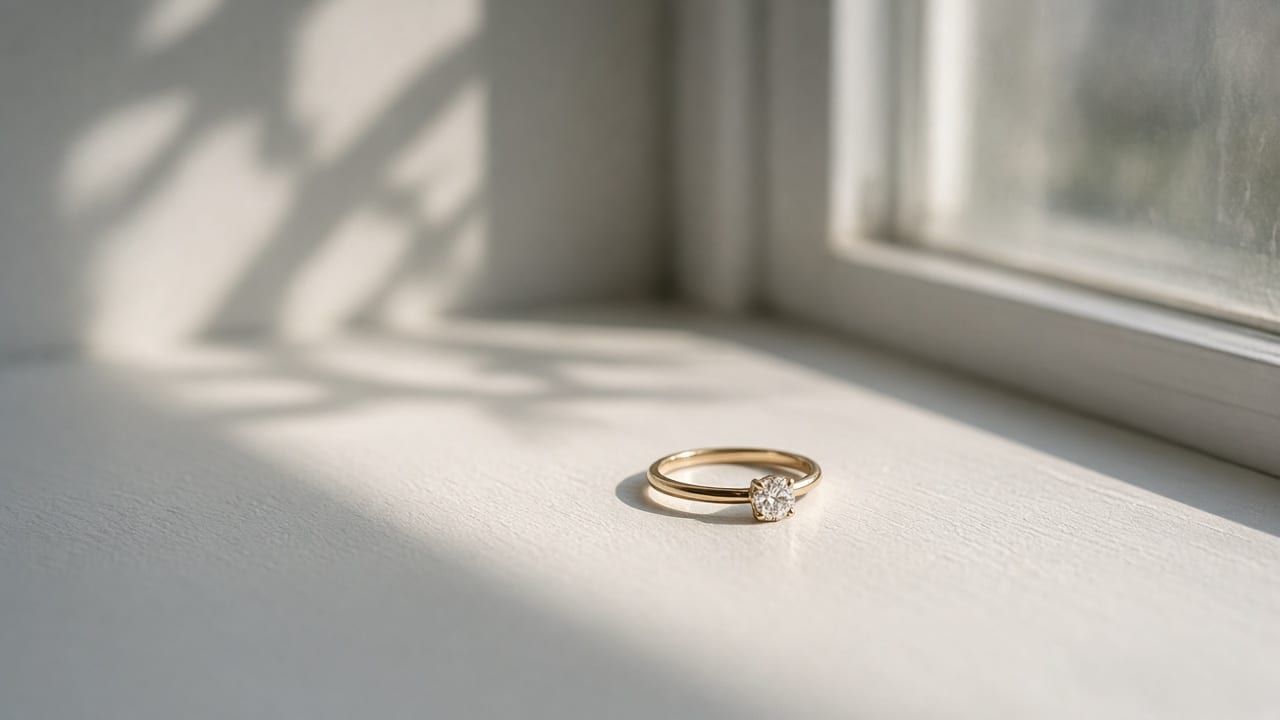 An engagement ring on a windowsill in the morning.