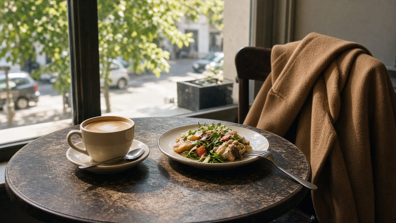 A bright lunch table by a window, with one coffee and a coat on the chair.
