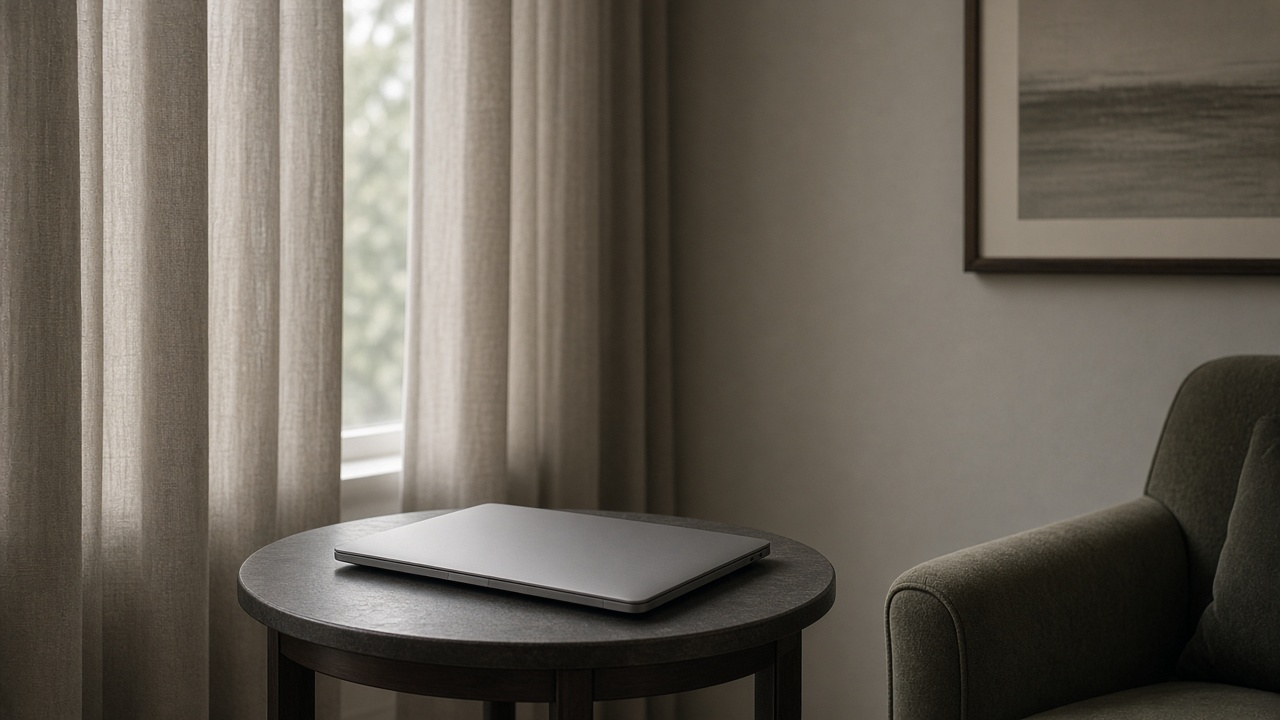 A phone with a dark screen beside a closed notebook, the room otherwise empty.