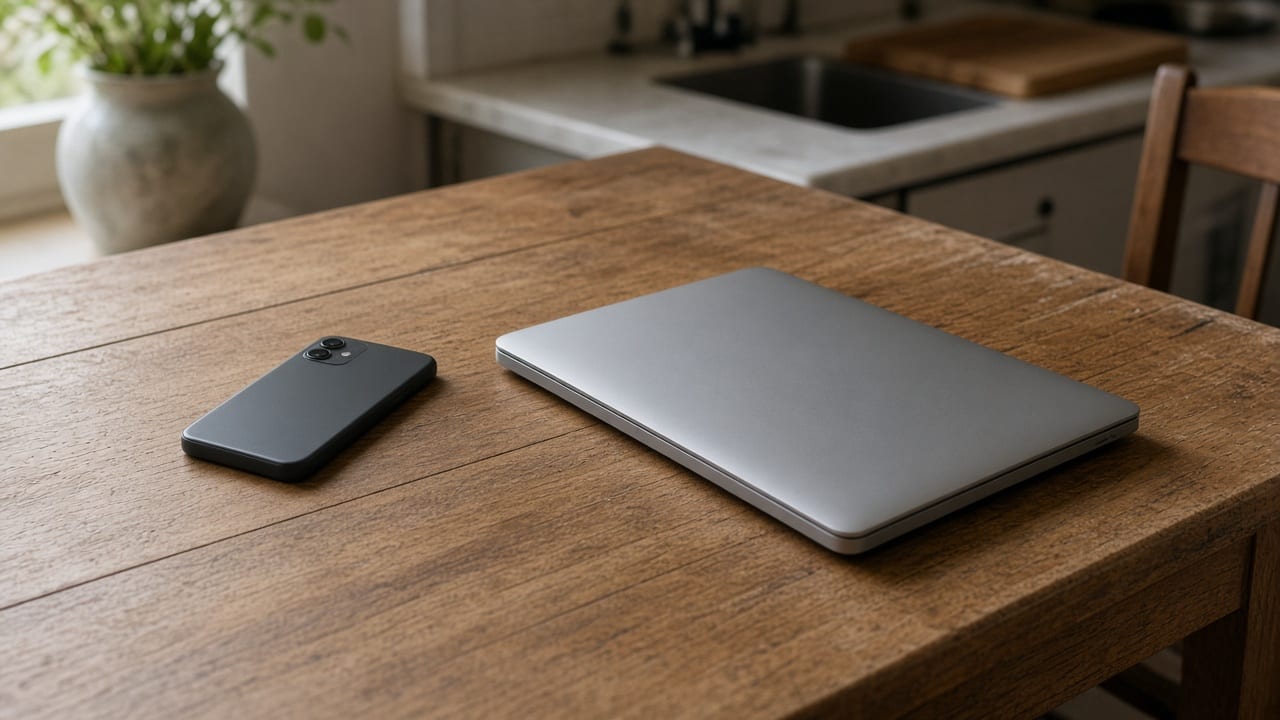 A phone lying face down on a kitchen table, next to a closed laptop.