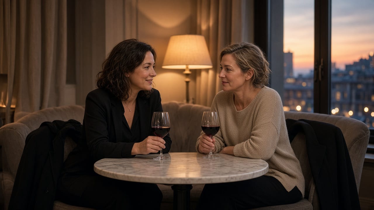 Two women at a small table in a quiet lounge, with a lamp behind them.