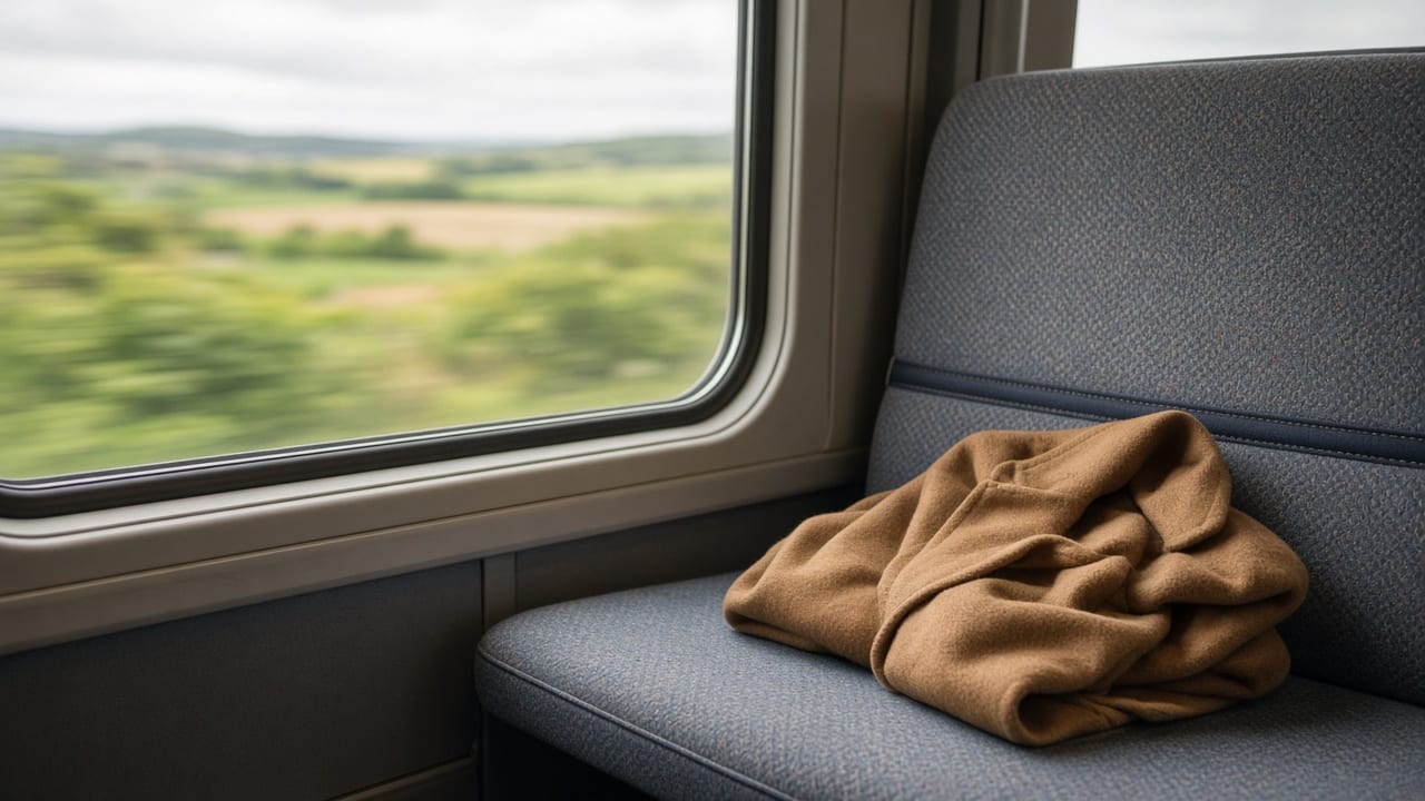 A coat on a train seat, with the countryside going past the window.