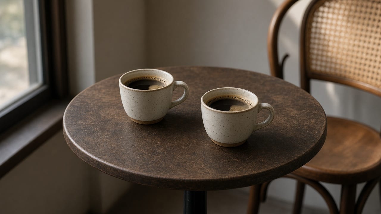 Two coffee cups on a small table, with no rings beside them.