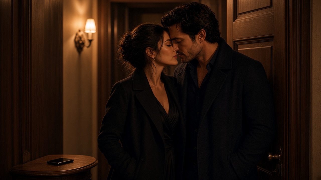 A couple in coats, close together by a closed door.