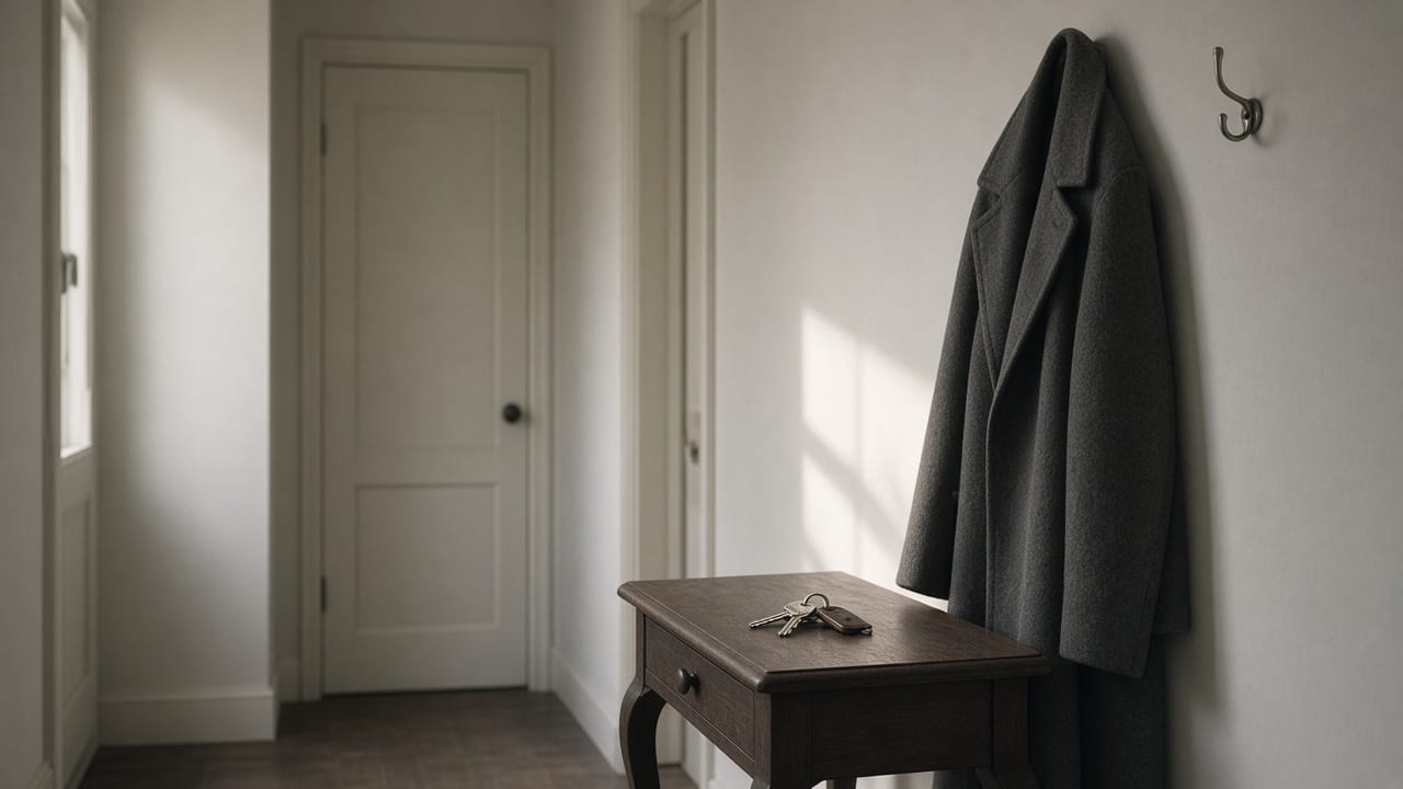 One set of keys on a hall table, with a single coat on the hook.