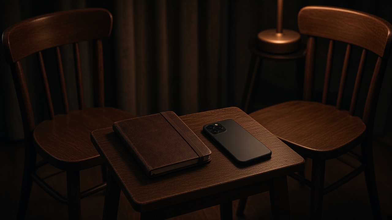 Two empty chairs across a small table, with a closed notebook and a phone face down, curtains drawn.