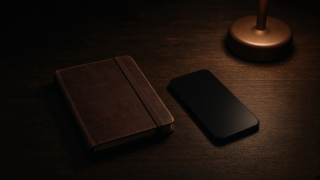 A phone with a dark screen beside a closed notebook, in warm lamplight.