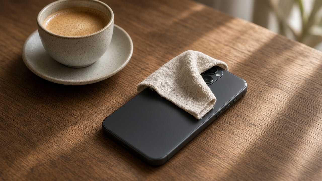 A phone turned face down beside a coffee, with the camera covered.