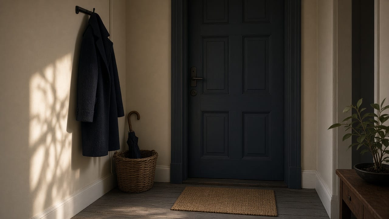 A closed front door, with one coat on the hook.