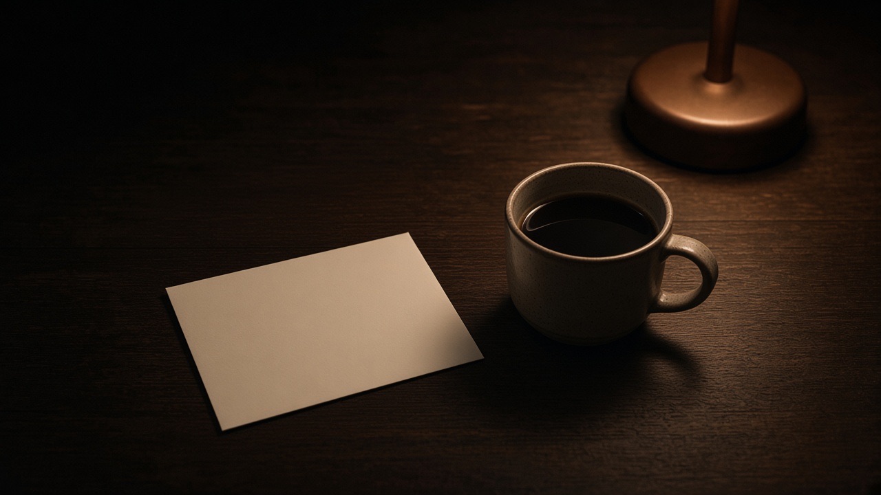 A blank card beside a cup of coffee in warm lamplight.
