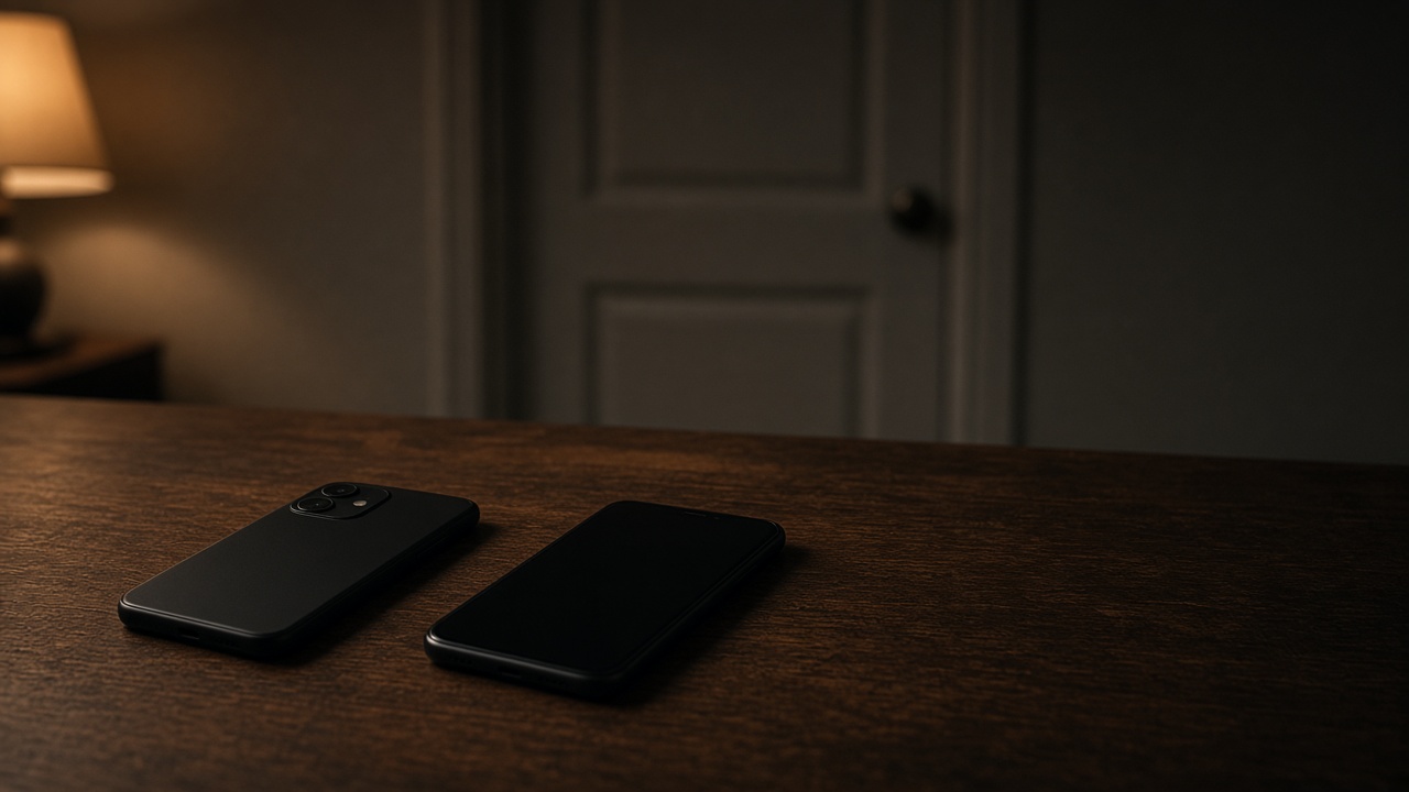 A phone face down beside a closed notebook, with no other screen in the room.