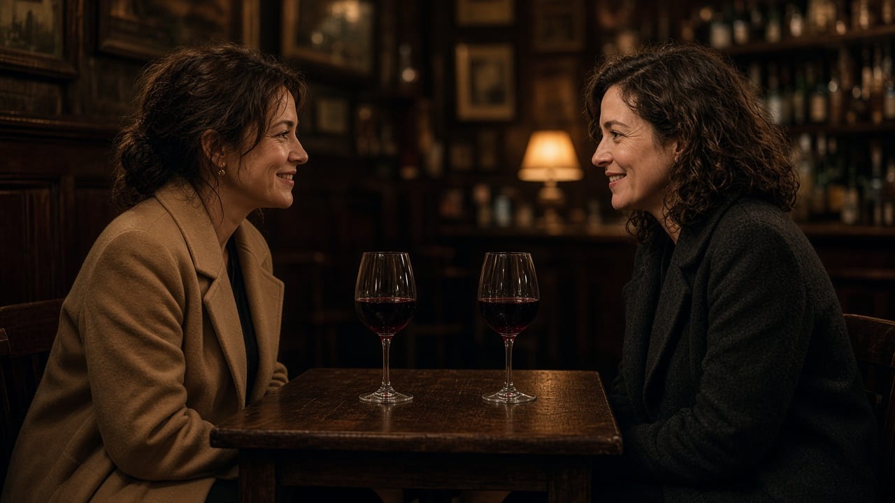 Two women sitting together at a small table, with two glasses of wine.