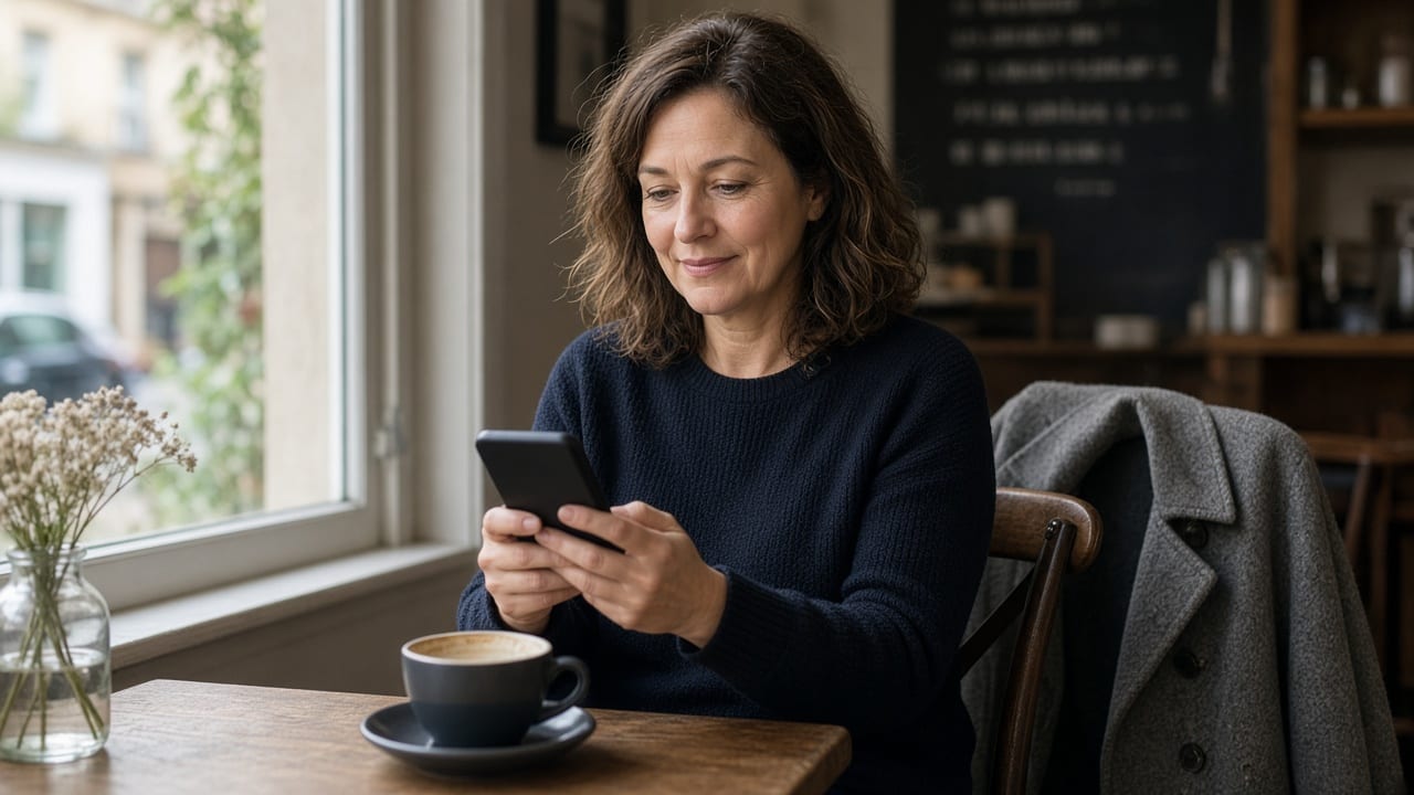 A woman at a café table, looking at her phone beside one coffee.